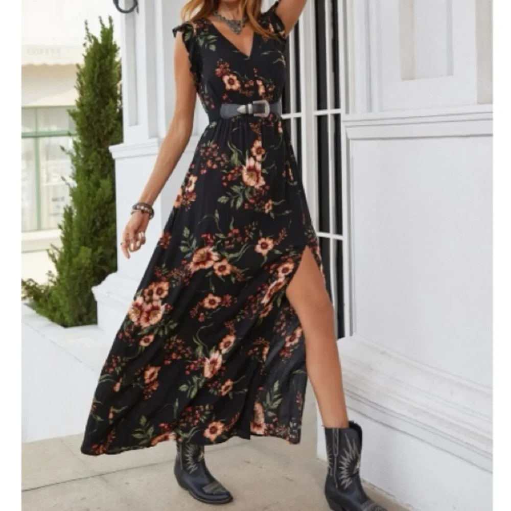 Boho floral print slit thigh maxi dress - Picture 6 of 16